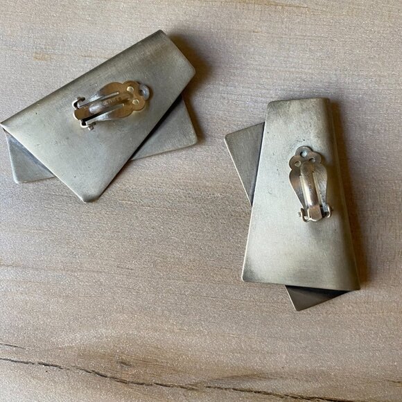 Vintage Sterling Silver Brutalist Modernist Chunky Brass Clip on Earrings - Picture 5 of 11